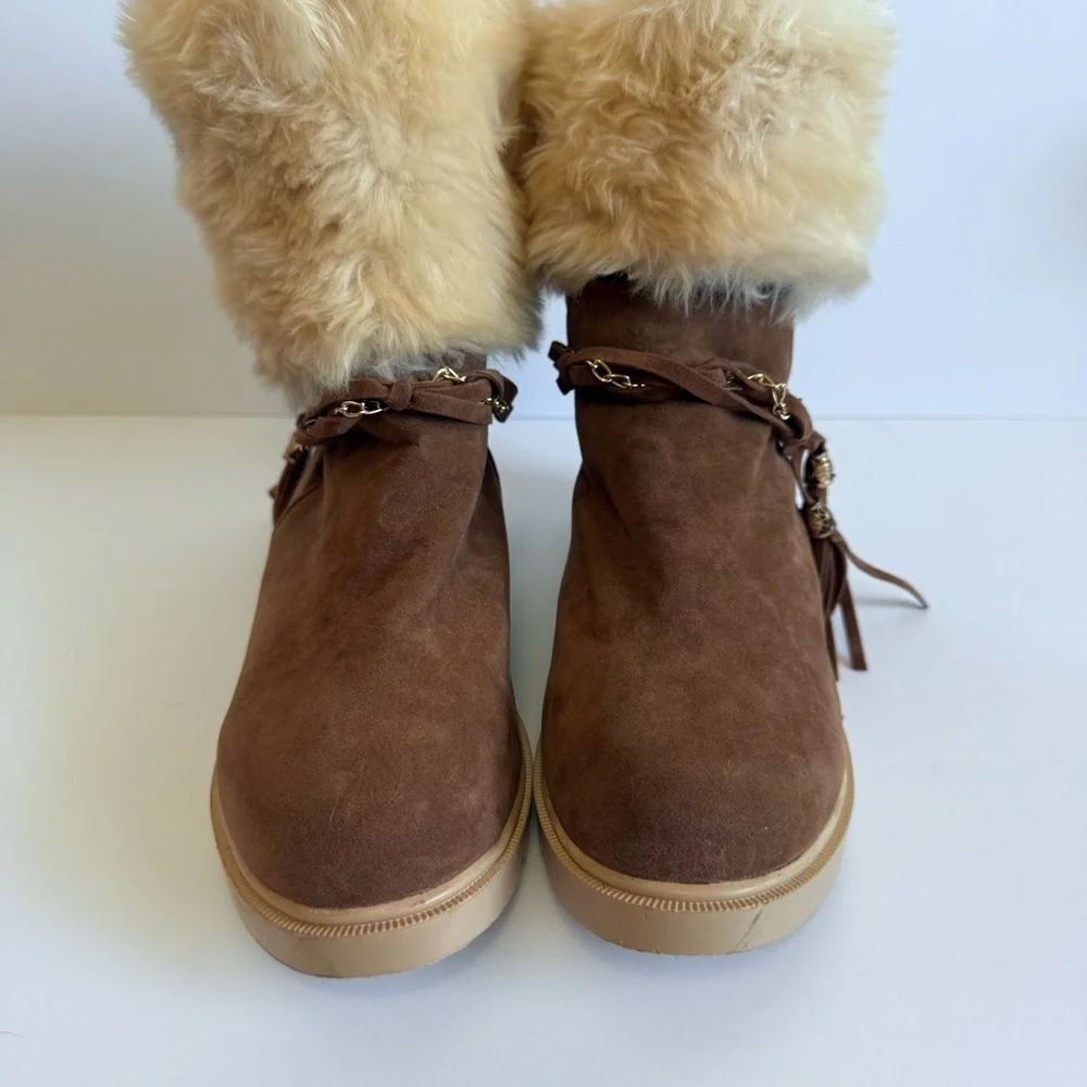 Boho Chic Chestnut Suede Furry Winter Boots | Chain & Tassel Accents